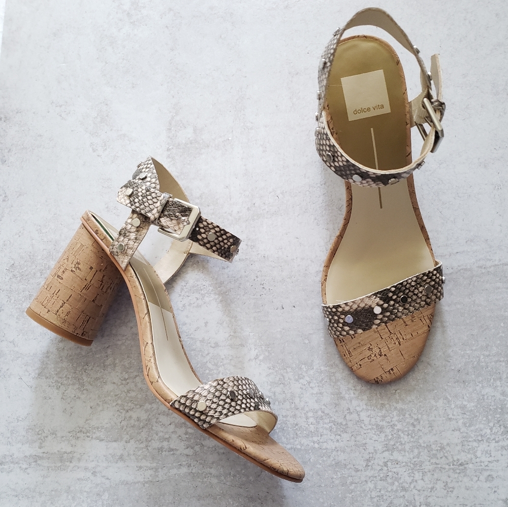 Dolce Vita Jalina Sandal Heel Snakeskin Cork Ankle Strap Sz 8.5 NEW